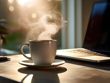 Coffee In A White Cup, Laptop, Homeworking, Teleworking, Coffee And Laptop, Mug, Espresso, Smoking Coffee, Close Up Shot Of A Cup Of Coffee, Cafeine, Working From Home