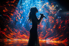 Beautiful Asian Female Singer Silhouette Sings On Stage In Light Show. 
