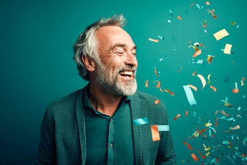 Wall Mural - Happy laughing senior man grandad grandfather grandpa with glasses and falling confetti on teal blue background. Modern old guy with smile celebrating at party. Generative AI.