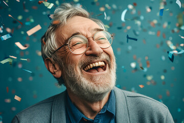 Wall Mural - Happy laughing senior man grandad grandfather grandpa with glasses and falling confetti on teal blue background. Modern old guy with smile celebrating at party. Generative AI.