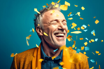 Wall Mural - Happy laughing senior man grandad grandfather grandpa with glasses and falling confetti on teal blue background. Modern old guy with smile celebrating at party. Generative AI.