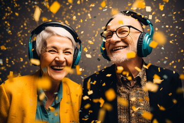 Wall Mural - Happy laughing senior older people grandad grandpa grandma and falling confetti on teal blue background. Modern old friends with smile celebrating at party, silent disco, cyberspace.. Generative AI.