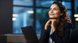 © Studio Nova - Close up portrait of a smiling thinking young businesswoman in suit against office background.