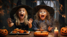 Group Of Child Girls In Witch Costumes For Halloween With Pumpkin Lantern At Home.