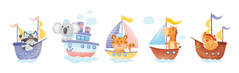 Poster - Cute Animals in Sailor Hats Boating and Sailing Vector Set