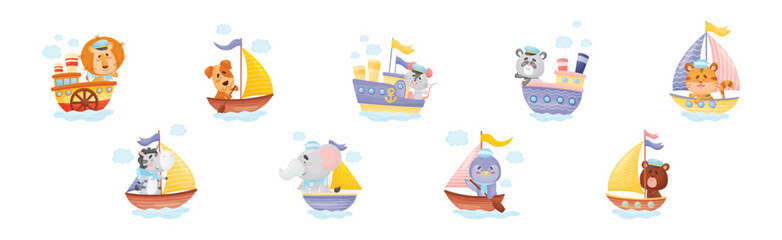 Wall Mural - Cute Animals in Sailor Hats Boating and Sailing Vector Set