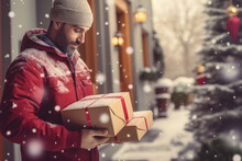 Deliveryman Holding Gift Boxes, Fast Express Shipping Delivery Concept