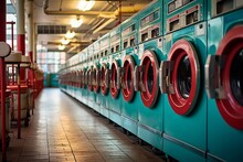 Industrial Laundromat: A Row Of Public Laundry Machines. AI