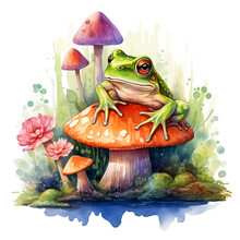Frog Sitting On Fly Agaric Mushroom In Watercolor Style Isolated On A Transparent Background, Generative Ai 