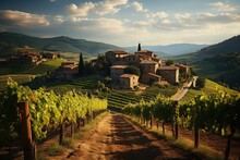 Beautiful Vineyard. Travel Around Tuscany, Italy. Landscape Of Vineyards In The Wine Country Of Tuscany, Italy At Sunrise. The Vineyards Of Tuscany Are Home To Italy's Most Famous Wines.