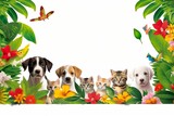 Fototapeta Dinusie - Children's greeting card template with cute cartoon kittens and puppies in flower frame isolated on white background