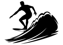 Silhouette Of A Surfer Riding A Wave, Surfer Silhouette Vector Illustration