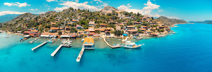 Poster - Aerial view of Simena castle and fishing and tourist village Kaleucagiz. Tourist and travel destinations in Turkey