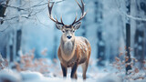 Fototapeta Zwierzęta - A powerful image of a Noble Deer standing tall amidst a winter wonderland 