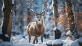 Fototapeta Zwierzęta - A powerful image of a Noble Deer standing tall amidst a winter wonderland 