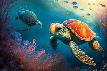 Sea Turtle Fairytale Concept Illustration. A turtle swimming in the sea. Water Creature Friends, Children's literature, Fantasy, Adventure. Made with Generative AI