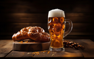 Oktoberfest beer glasses and pretzels with wheat on wooden table background