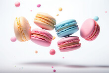 Macaroons In Motion Falling. Sweet Colorful French Macaroons Levitation In The Air. Generative AI
