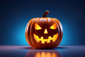 Wall Mural - Halloween pumpkin with scary face on dark background. AI generated