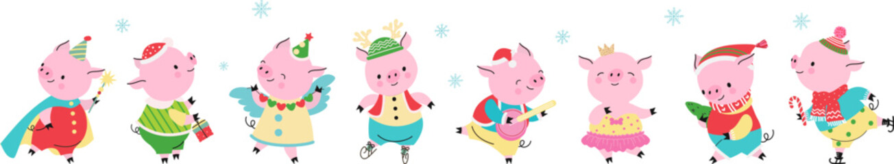 Poster - Christmas holidays pigs, new year party pig characters. Winter festive piggy, party dressed animals. Funny xmas characters nowaday vector set