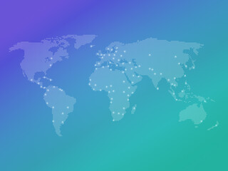 Poster - Dotted halftone world map with many highlighted capital cities on a vibrant purple to turquoise color gradient background. High resolution modern, clean and colorful world map.