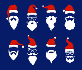 Canvas Print - Santa hats with white moustache and beards. Cartoon objects, claus beard avatars. Laughing christmas design, new year neoteric vector masks