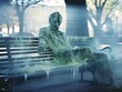 Haunting City Bench: A Ghoul or Ghost Captured in Blurry Vintage Camcorder Footage, Eerie VHS Charm Unleashed.