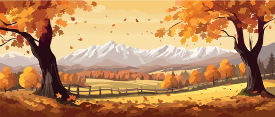 Wall Mural - Countryside panorama in autumn, vector horizontal banner of autumn landscape mountains and maple trees fallen with yellow foliage. simple vector