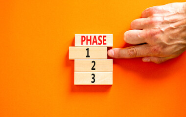 Wall Mural - Time to phase 1 symbol. Concept word Phase 1 2 3 on wooden block. Businessman hand. Beautiful orange table orange background. Business planning and time to phase 1 concept. Copy space.