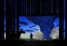 A Farmer Runs For Shelter In An Old Barn As A Tornado Touches Down On Mid-west Farmland In A 3-d Illustration About Climate Change And Violent Weather.