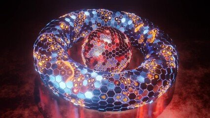 Poster - Loop 3d animation. Abstract geometric figure of a set of hexagons. A torus of metal segments and a spherical core in the center. Futuristic composition for abstract background screensavers.
