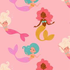 Lovely mermaid pattern, vector illustration for kids prints, wallpapers, fabrics, greeting cards.