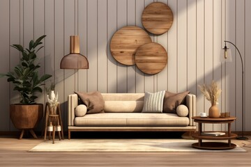 the interior design of a comfortable living room features a wooden wall panel, a fashionable sofa, a
