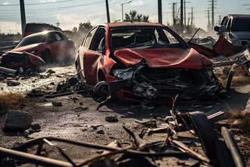 Poster - Wrecked car in the city.