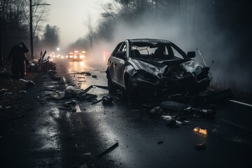 Poster - Wrecked car in the city.