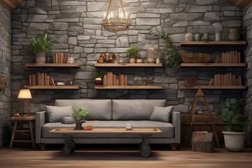 Poster - The interior room has a grey stone wall and is adorned with wooden decor. It features a bookshelf, a comfortable sofa, and a vase filled with plants. There is also a middle table, a carpet, and