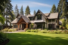 The Image Showcases An Elegant House Situated On A Beautifully Landscaped Property, With A Clear Blue Sky And Lush Green Foliage In The Background. The House Features Craftsman Style Windows And A