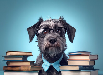 Sticker - An adorable dog donning glasses and sitting in front of a stack of books, against a vivid blue backdrop, portrays a whimsical and studious character full of charm.