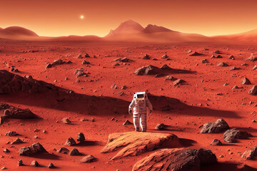 Wall Mural - Ravishing digital illustration of Mars landscape feature with red surface and mountain with astronaut. Space exploration and martian on red planet concept by generative AI.