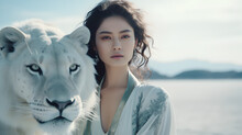 Beautiful Asian Woman And A White Lion
