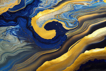 Poster - Blue and golden acrylic liquid ink swirl abstract background with ravishing turbulence wavy pattern and detailed texture. Luxury fluid liquid art by Generative AI.