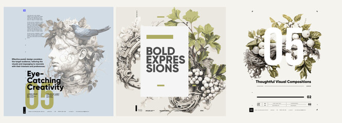 Poster - ancient greek painting and sculpture. antique bust, branches with foliage and vines. typography post