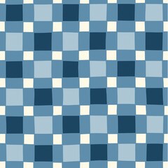  Hand-Drawn Blue and White Geometric Checks Vector Seamless Pattern. Modern Retro Palyful Print. Organic Square Shapes