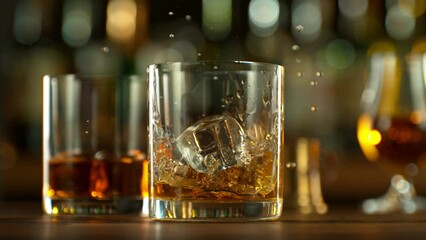 Aufkleber - Super Slow Motion of Falling Ice Cube Into Whiskey Drink. Filmed on High Speed Cinema Camera, 1000 fps. Speed Ramp Effect.