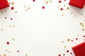 Poster - Red gift boxes adorned with white stars on a clean white background. Christmas-themed designs, gift wrapping, and winter holiday graphics