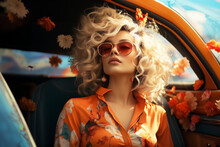 A Girl With Sunglasses In The Style Of Vintage Poster Design, Classic American Cars, Barbie Style