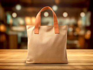 Poster - Beige shopping bag on wooden table in front of coffee shop background. Generative AI