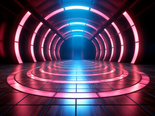 Poster - Futuristic corridor with neon lights in a dark room. Generative AI