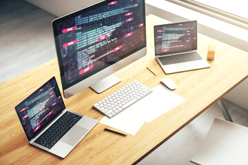 Aufkleber - Computer monitor with abstract creative programming illustration, big data and blockchain concept. 3D Rendering