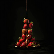 A Slide Of Fresh Strawberries On A Plate Filled With Liquid Dark Chocolate On A Black Background. 